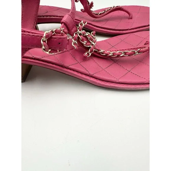 CHANEL Authentic Lambskin Fuchsia And Gold Color Thong Sandals Coco 42 US 11 - Picture 11 of 16